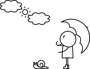 傘を持ってカタツムリと一緒に梅雨の晴れ間を見上げる人のベクターイラスト性別なし