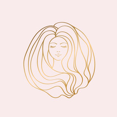 Hair salon, beauty studio logo.Long, wavy hairstyle woman with natural makeup.Cosmetics and spa icon isolated on light fund.Gold lines young lady portrait.Beautiful model face.Luxury, elegant style.