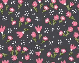 Spring seamless pattern with cute flowers. Hand drawn summer flora textile