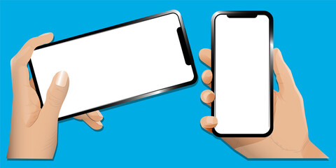 Hands holding a phone smartphone in horizontal and vertical positions. Blank screen smartphone for message or photo in various positions. vector illustration