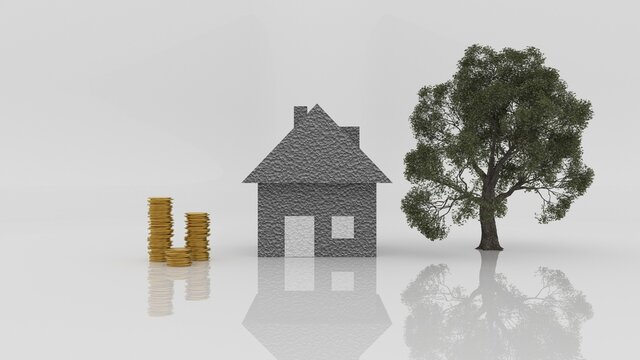 Haus aus D&auml;mmmaterial Styropor mit Geld und Baum an der Seite um zu zeigen, dass man mit D&auml;mmstoffen sparen kann und die Umwelt sch&uuml;tzt, frontale Ansicht