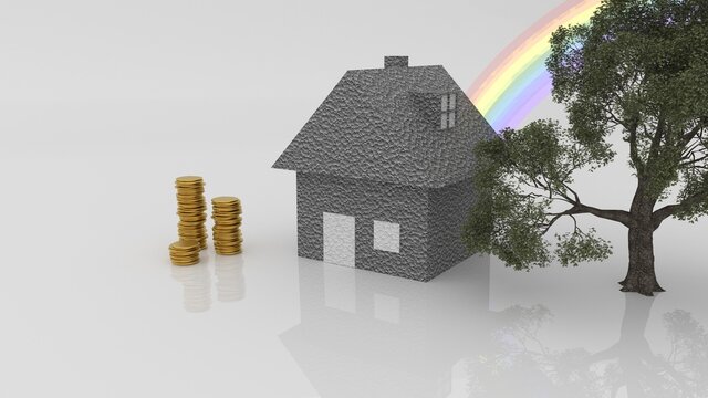 Haus aus Dämmmaterial Styropor mit Geld und Baum an der Seite um zu zeigen, dass man mit Dämmstoffen sparen kann und die Umwelt schützt mit Regenbogen  Seitenansicht