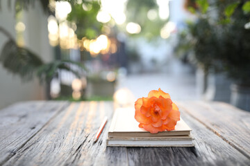 Orange color rose with brown notebook on grey wooden table