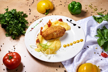 meat patty with mashed potatoes, with salad