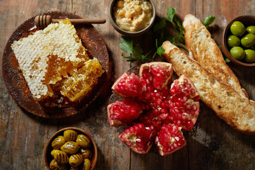 Healthy breakfast with honey and fresh pomegranate