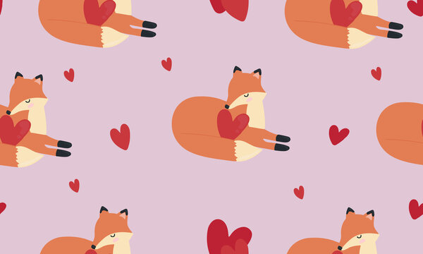 Seamless pattern with foxes and hearts. Background for wrapping paper,  greeting cards and seasonal designs. Happy Valentine's day.