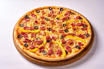 pizza with olives, sausage, onion, pepper