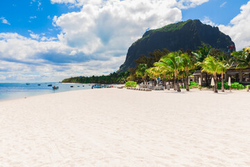 Tropical landscape - luxury beach with ocean, mountain of Mauritius island, Le Morne