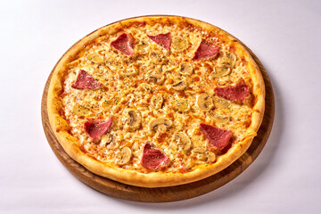 pizza with sausage and mushrooms, on isolate