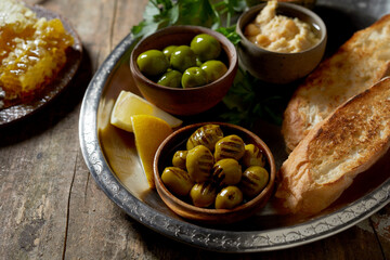Local Greek or Mediterranean breakfast with green olives