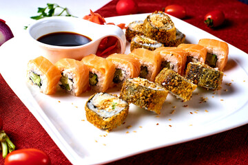 japanese rolls, sushi with sauce