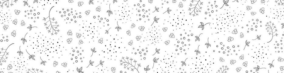 Floral vector banner with leaves, plants. Abstract natural elements in doodle style. Silhouette of plant print for holiday background. Minimalistic, trendy design.