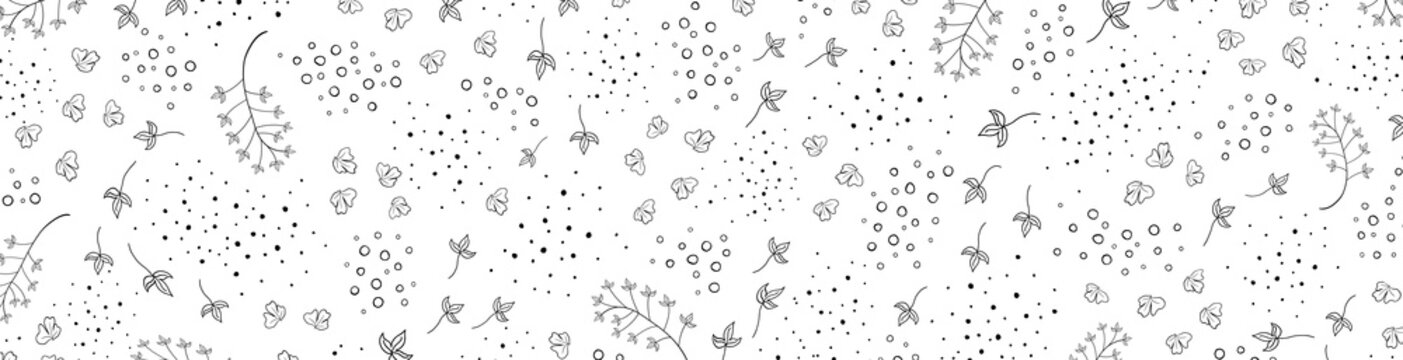 Floral vector banner with leaves, plants. Abstract natural elements in doodle style. Silhouette of plant print for holiday background. Minimalistic, trendy design. © alena.art.design