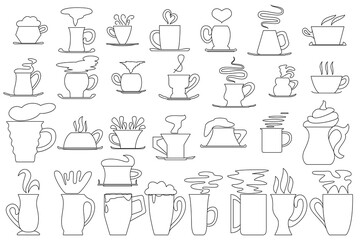 A mug and a cup of hot drink. Set of vector icons isolated on white, outline style. Cup and saucer for coffee, mug for tea, chocolate, milk.