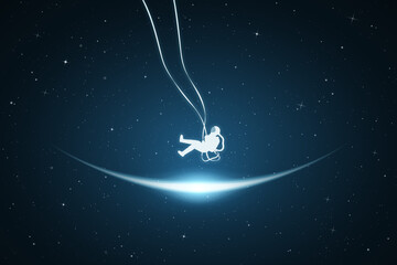 Astronaut on swing. Cosmonaut isolated silhouette. Glowing outline