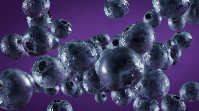 Flying of Blueberries in Purple Background