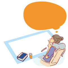 机に向かって考えにふける横向きの女性と猫のベクターイラスト