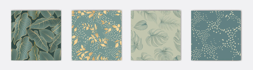 Floral leaves seamless pattern set. Foliage garden background. Floral ornamenal tropical nature summer palm leaves decorative retro style wallpaper. Design collection