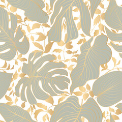 Floral leaves seamless pattern. Foliage garden background. Floral ornamenal tropical nature summer palm leaves decorative retro wallpaper