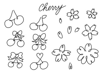 一筆書き　さくらんぼ（白黒、モノクロ）桜,サクランボ結び