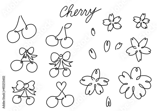 一筆書き さくらんぼ 白黒 モノクロ 桜 サクランボ結び Wall Mural Sihosiho 一筆書き さくらんぼ 白黒 モノクロ 桜 サクランボ結び Wall Mural Sihosiho
