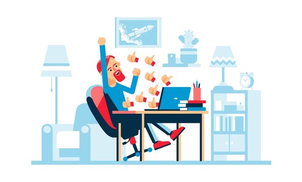 Happy man - flow of likes from the laptop screen. Thumb up icon. Vector cartoon illustration.