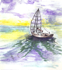 watercolour illustration. Sea with a ship

