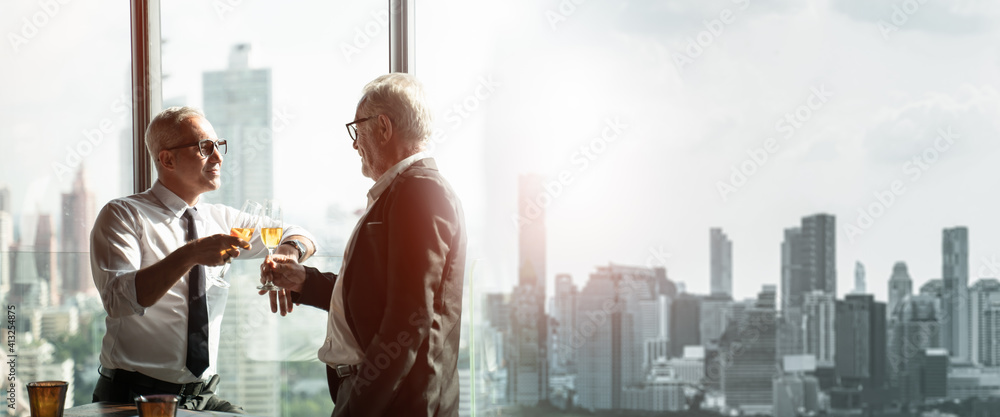 Poster toasting to success concept.group of business people toast with champagne and smiling while standing