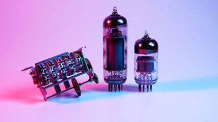 radio tubes. red and blue illumination, cyberpunk.