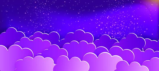 Paper clouds background. Purple clouds on the starry night sky. Vector paper art illustration. Place for your text. Template for presentation, invitation, flyer, banner and poster