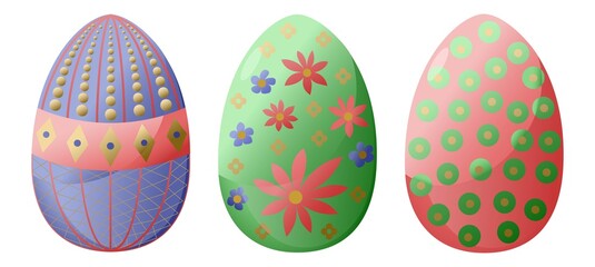 Set of three vector decorated easter eggs isolated on white background. Red, blue and green eggs with floral and geometric pattern