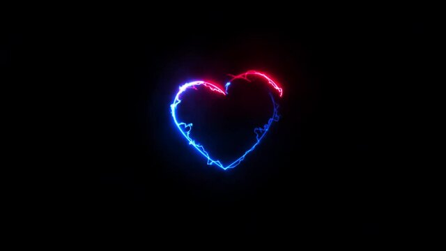 Neon glow heart shape motion. Valentine day invitation animation. Video of declaration of love. Electric, energic, disco strokes, lines, streak moving on black background clip.