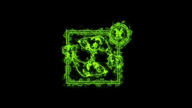 The Pisces zodiac symbol, horoscope sign lighting effect green neon glow. Royalty high-quality free stock of Pisces signs isolated on black background. Horoscope, astrology icons with simple style