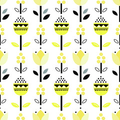 Stylish Spring seamless pattern with gray flowers and leaves in pantone 2021 colors. Vector Easter pattern in Ultimate Gray trendy colors.