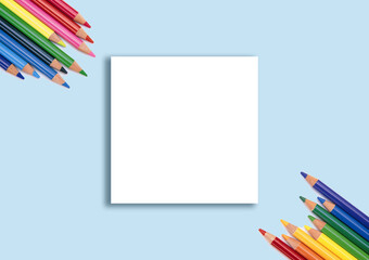 Square invitation card layout with colored pencils