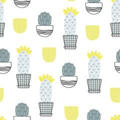 Stylish Spring seamless pattern with cactus flowers and flower pots in pantone 2021 colors. Vector Easter pattern in Illuminating and Ultimate Gray trendy colors.