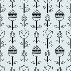 Stylish Spring seamless pattern with gray flowers and leaves in pantone 2021 colors. Vector Easter pattern in Ultimate Gray trendy colors.