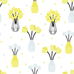 Stylish Spring seamless pattern with yellow flowers and bouquets in pantone 2021 colors. Vector Easter pattern in Illuminating and Ultimate Gray trendy colors.
