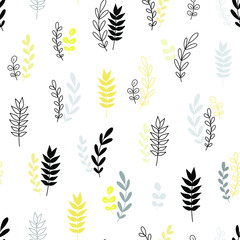 Stylish Spring seamless pattern with yellow branches and grey leaves in pantone 2021 colors. Vector Easter pattern in and Ultimate Gray trendy colors.