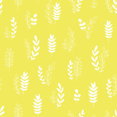 Fototapeta na wymiar Stylish Spring seamless pattern with yellow flowers and leaves in pantone 2021 colors. Vector Easter pattern in Illuminating trendy colors.