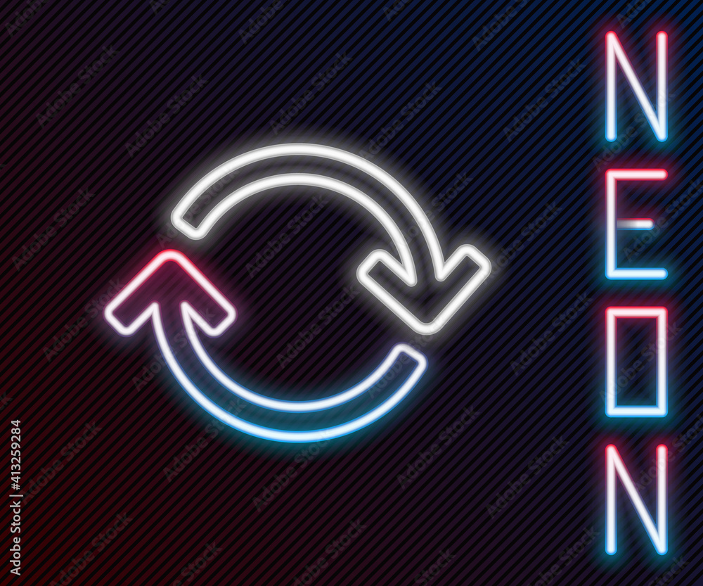 Poster glowing neon line refresh icon isolated on black background. reload symbol. rotation arrows in a cir