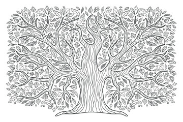 A big tree, a family tree. Oak in a decorative style. The contour. For the design of magazines, booklets, books, etc. Isolated on a white background.