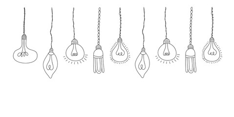 Fototapeta na wymiar Set of Vector doodle illustration with hanging light bulbs. Modern hipster sketch style. Element of design for interior sketch, web, poster or banner
