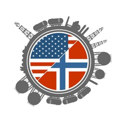Fototapeta premium Icons located around circle. Business communication concept in industrial design. USA and Norway business cooperation. National flags. Energy generation and heavy industry.