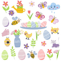 Spring time and easter collection of cute elements on white background. egg, bee, cloud, bird, flower Perfect for cards, stickers