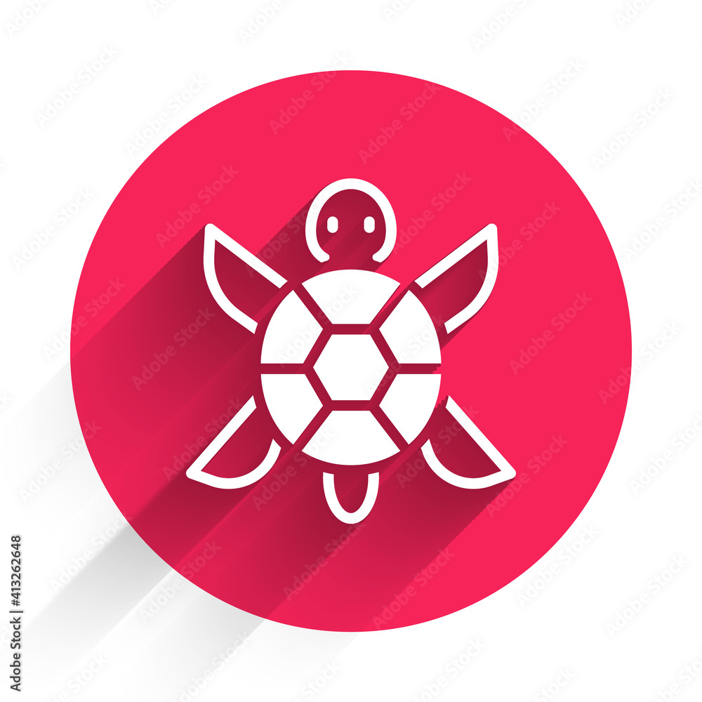 Poster white turtle icon isolated with long shadow. red circle button. vector.