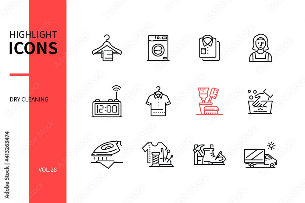 Poster dry cleaning - line design style icons set