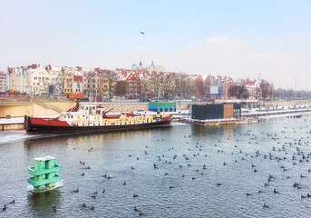 Panoramic view of Szczecin waterfront in winter, Poland.