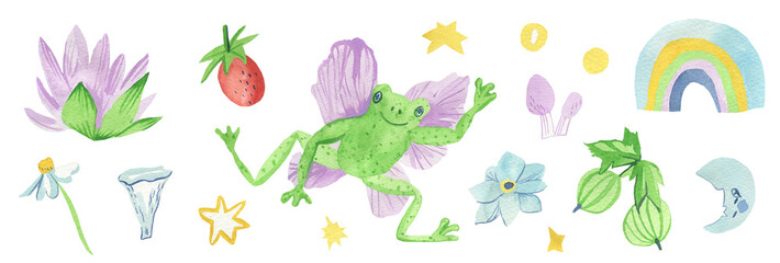 Watercolor set of green frogs with purple wings,forest plants.Fantastic collection of amphibians with rainbows,mushrooms,forget-me-nots,berries,stars,lilies hand painted on white isolated background.