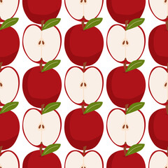 Seamless pattern with apples fruit on a white background. Healthy natural food, vitamins. Organic, eco. Drawn by hands. It can be used for printing on textiles, wallpapers.